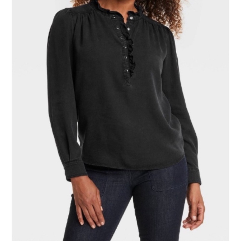 Knox Rose Black Denim Long Sleeve Button Snap Pullover Shirt